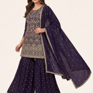 Royal Purple Georgette Embroidered Sharara Set