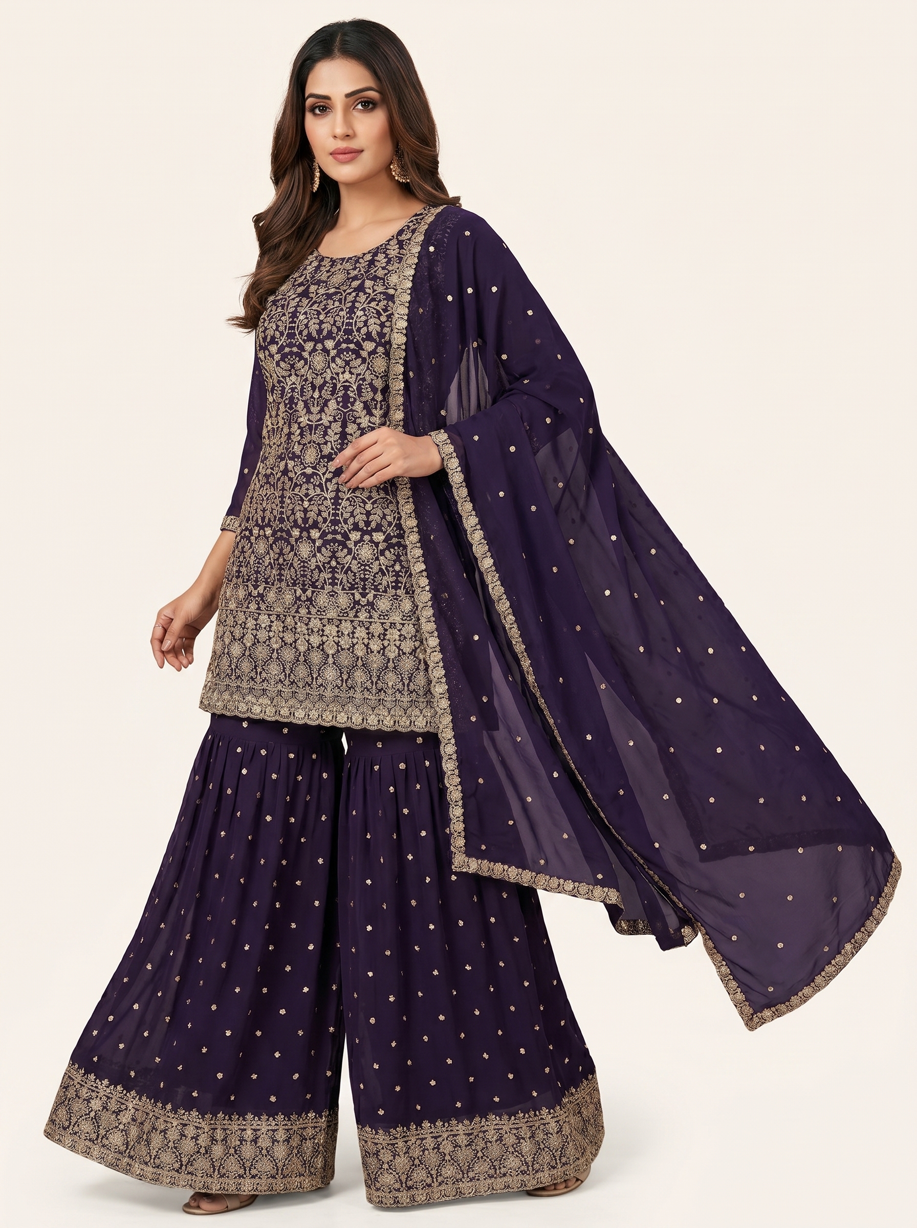 Royal Purple Georgette Embroidered Sharara Set