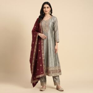 Silver Grey & Maroon Silk Salwar Suit Set