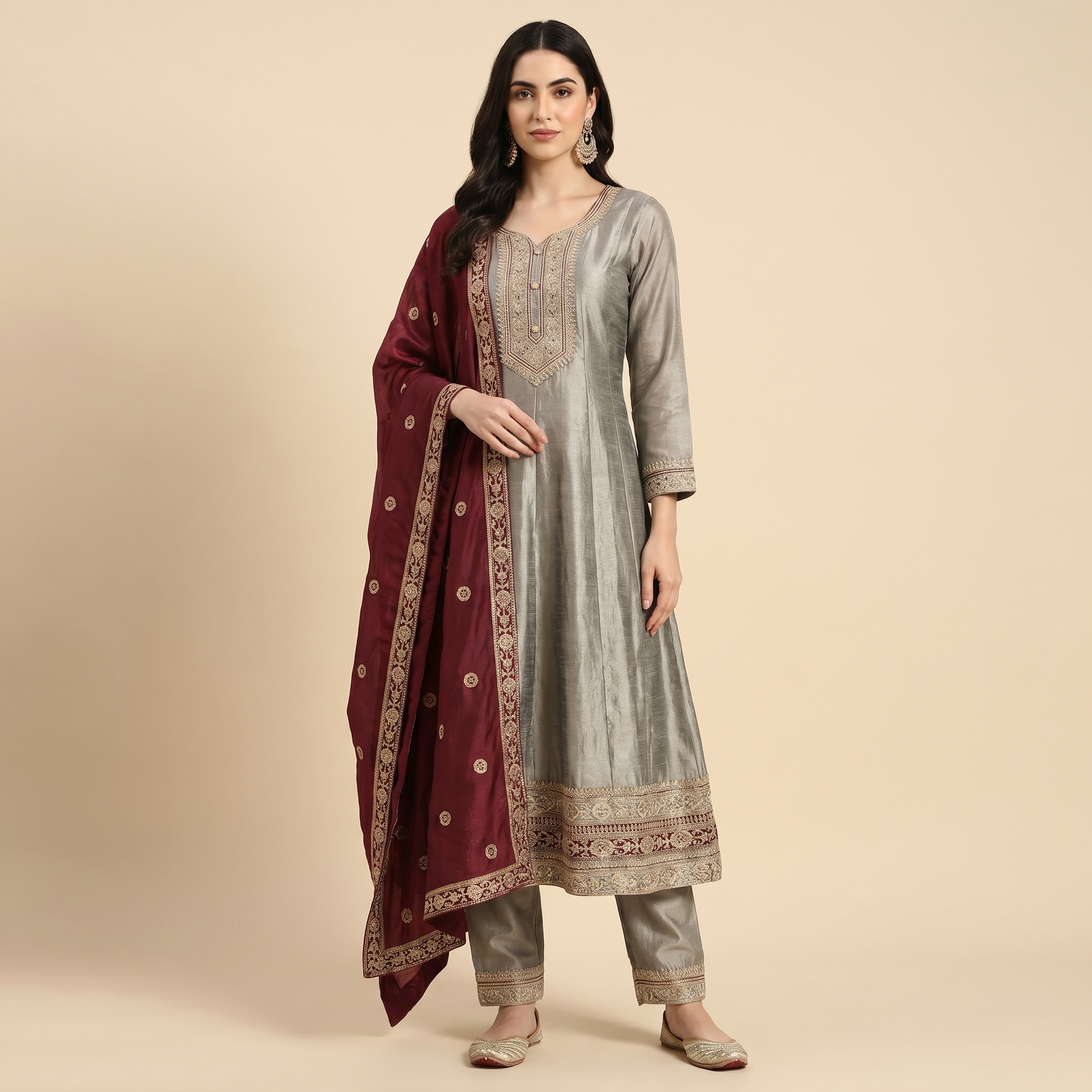 Silver Grey & Maroon Silk Salwar Suit Set