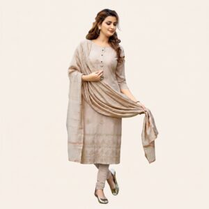 Beige Linen Embroidered Kurta Pant Set