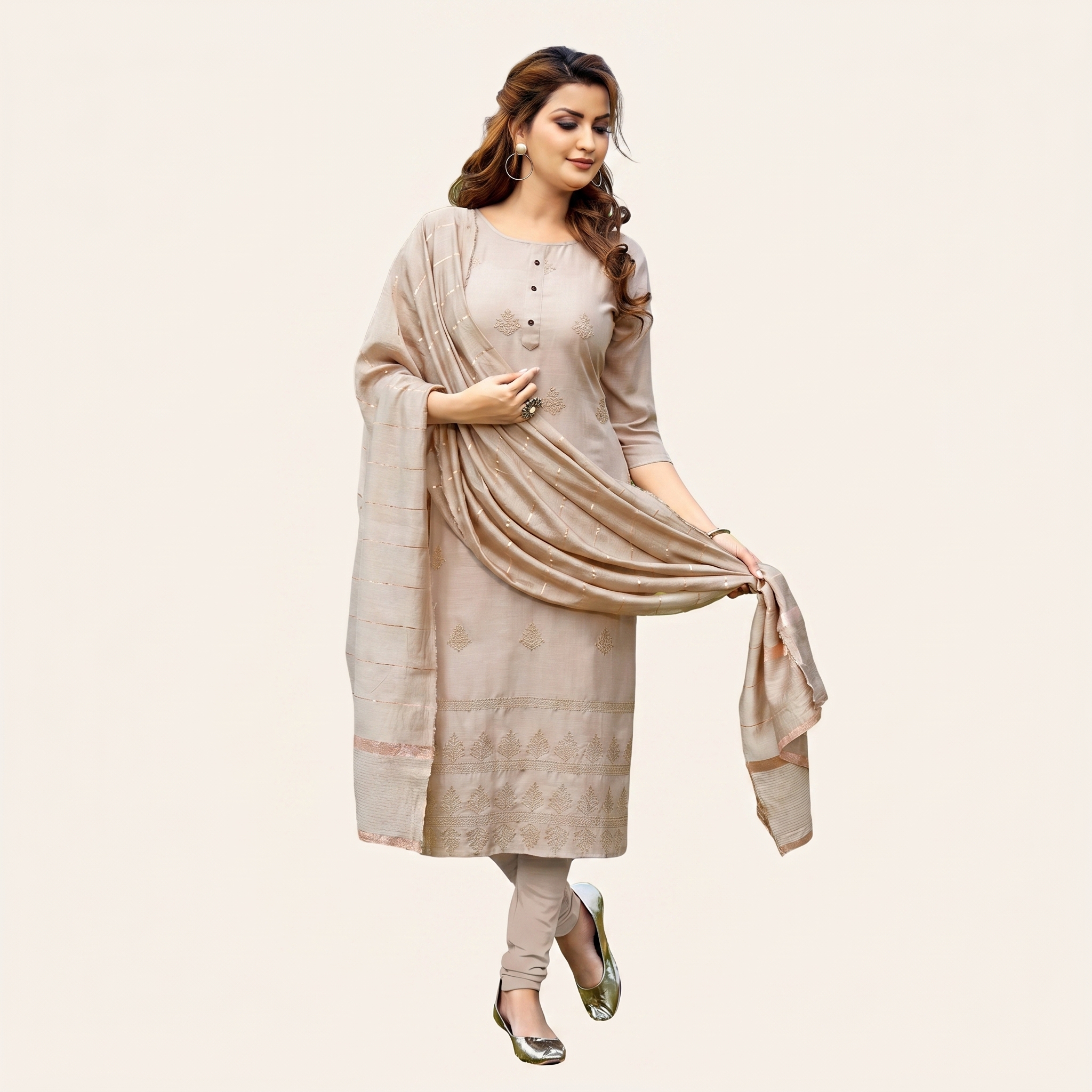 Beige Linen Embroidered Kurta Pant Set