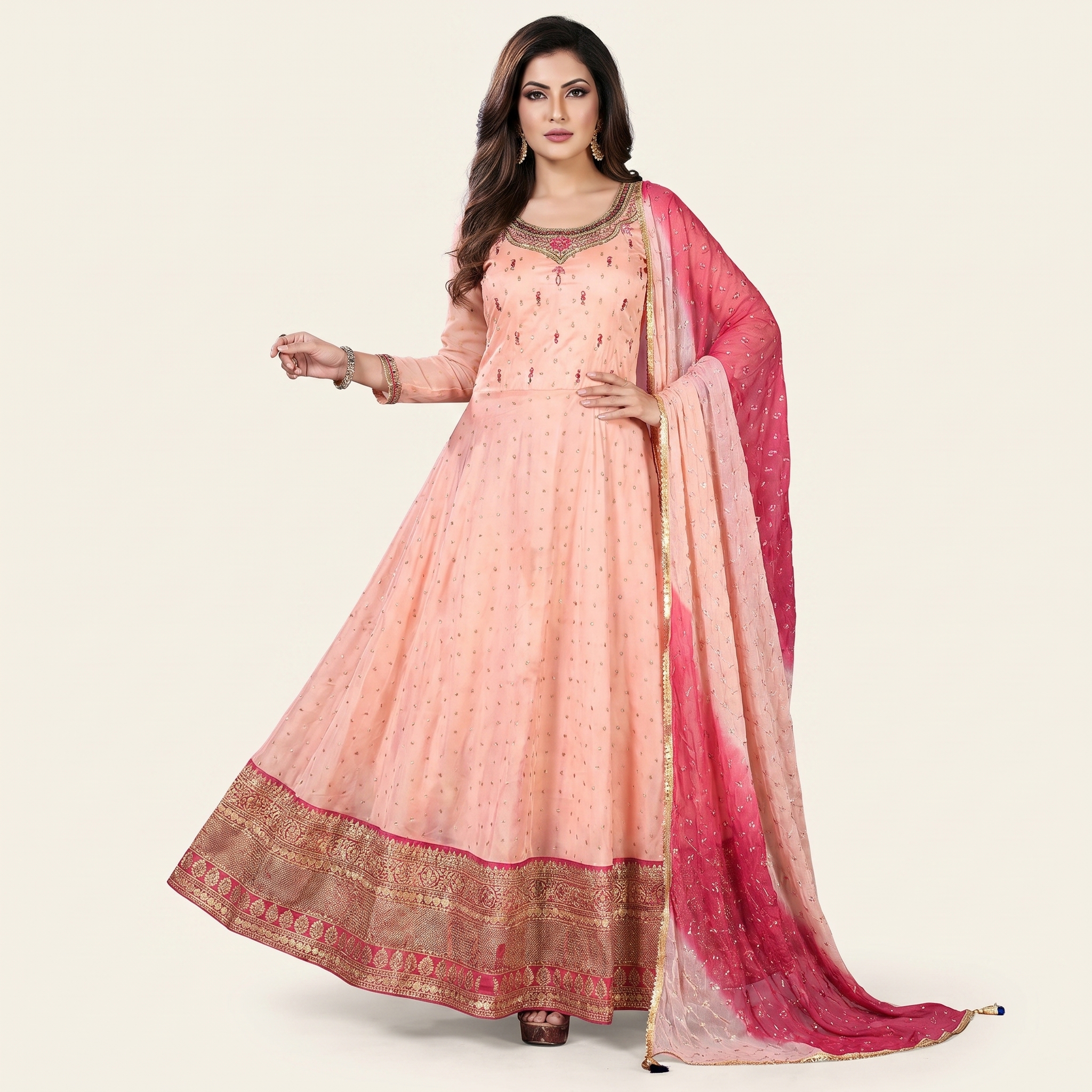 Peach & Pink Ombré Anarkali Gown Set