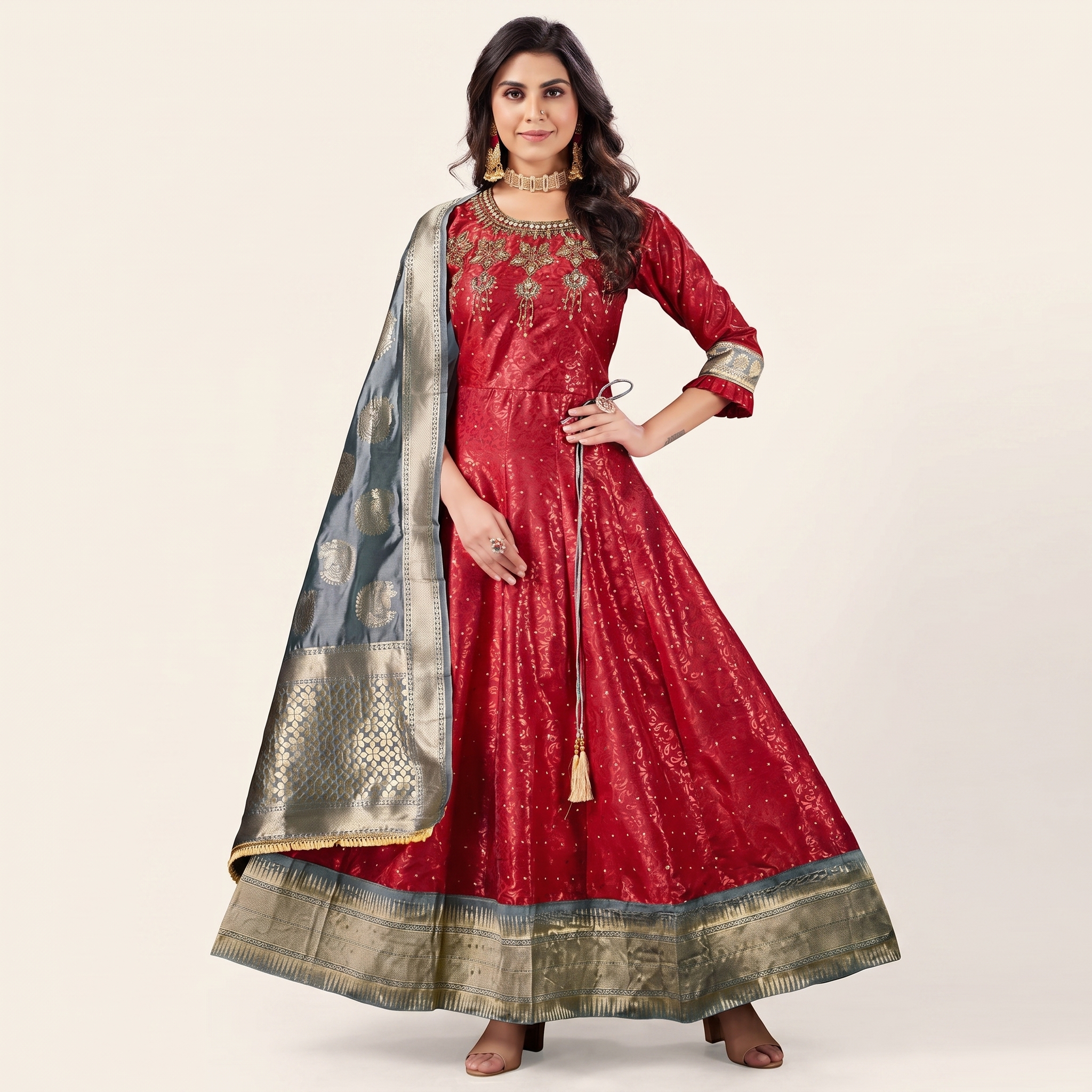 Red & Gold Banarasi Silk Anarkali Gown Set