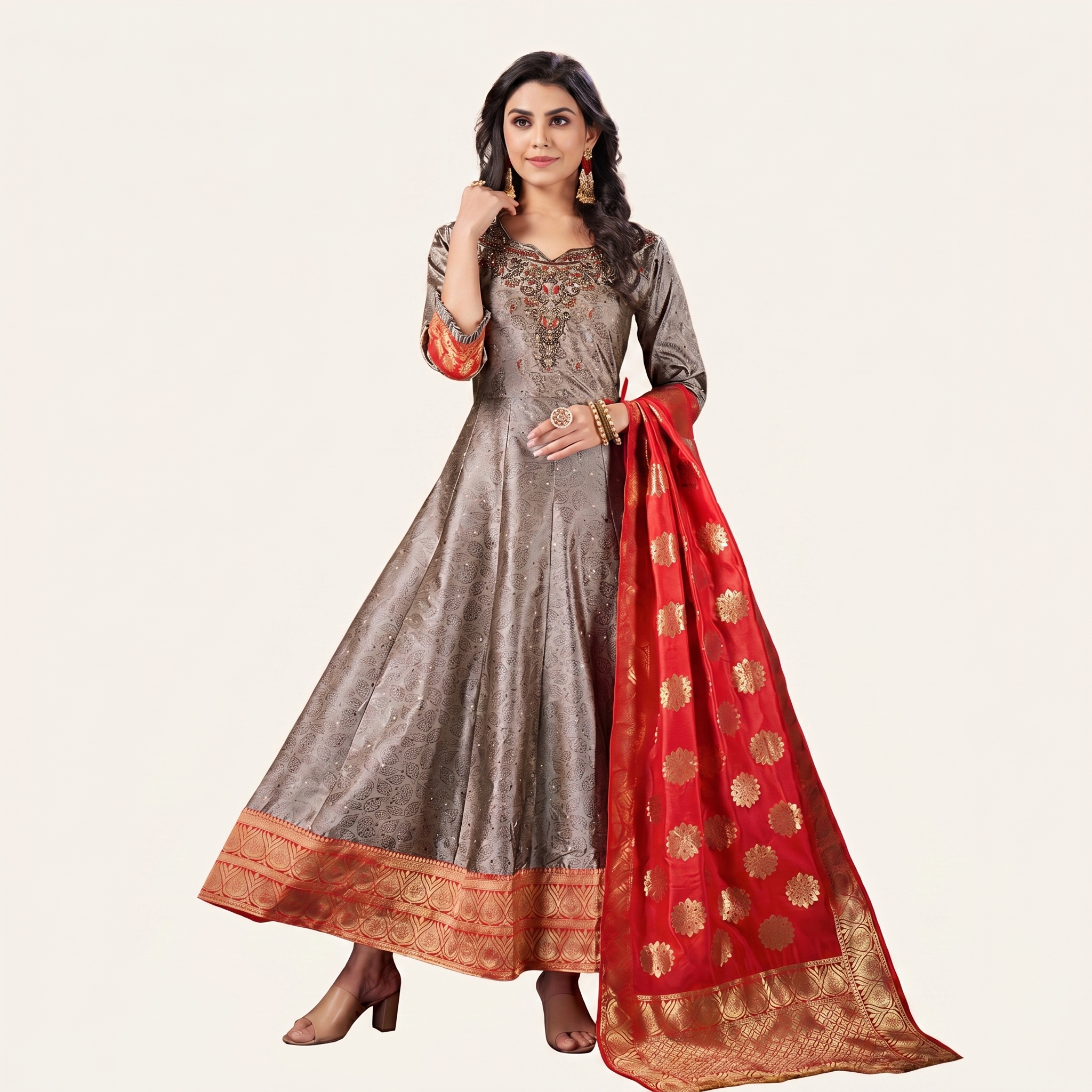 Grey & Red Banarasi Silk Anarkali Gown Set