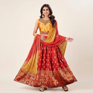 Red & Yellow Banarasi Silk Lehenga Choli Set