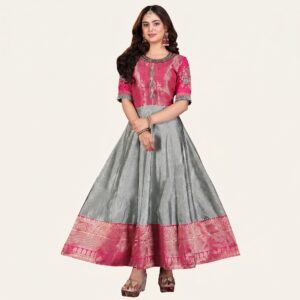 Pink & Silver Banarasi Silk Anarkali Gown