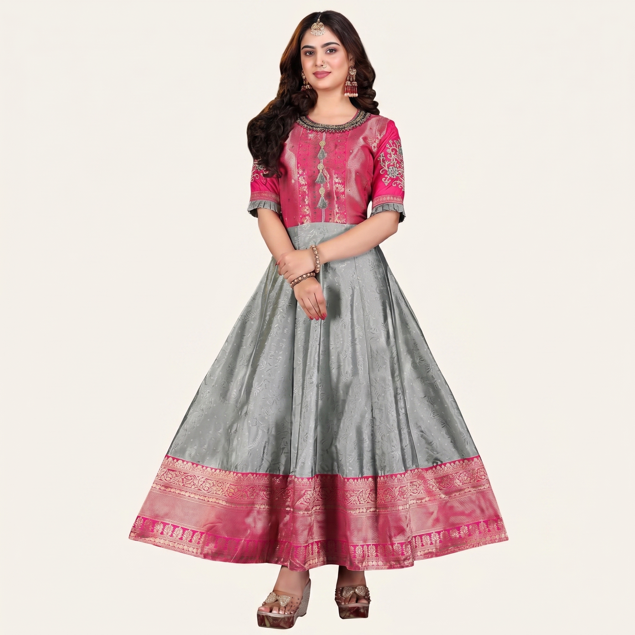 Pink & Silver Banarasi Silk Anarkali Gown