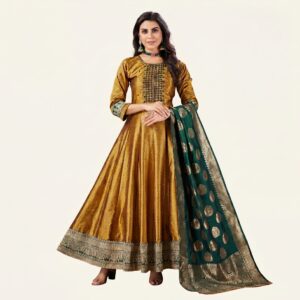 Mustard & Emerald Green Silk Anarkali Gown Set
